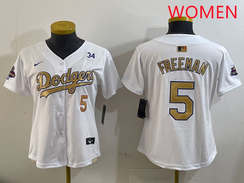 Women Los Angeles Dodgers #5 Freeman White Champion gold character 2025 Nike MLB Jersey style 2